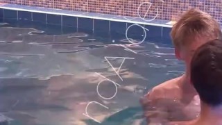 Hot twinks swimming together and make blowjob in the pool