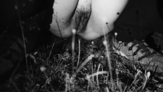 pee and traces of semen drip from her pussy, whore in public