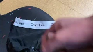 Boy jizzes on CK boxer cumrag