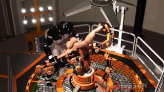 Fuck machine & crazy sex. Male android plays with a horny girl in restraints