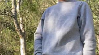 Horny boy pee and wanking outdoor in the woods