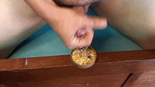 cereal with lots of milk, cum on food