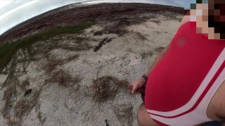 Beach Exhibition in Spliced Sporty Swimsuit – POV Seashore Solo Cumshot with Ex-Wife Audio