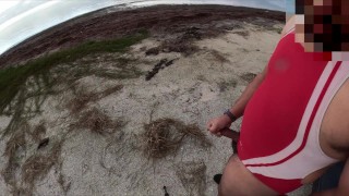 Beach Exhibition in Spliced Sporty Swimsuit – POV Seashore Solo Cumshot with Ex-Wife Audio