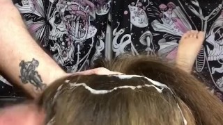 Submissive Slut Sucks Cock Gets An Explosive Cumshot In Silky Hair