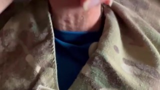 Army soldier jerking off in his sarge's blue boxer briefs