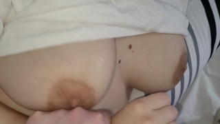 I Play and Spit on My StepSister's Boobs when She was Phone talking, Accidental Cum on Her Tits!