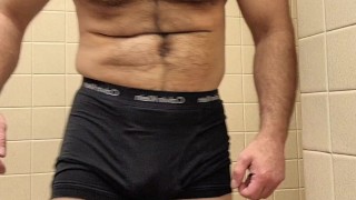 HAIRY MUSCLE BEAR FLEXING IN UNDERWEAR