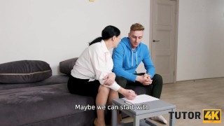 TUTOR4K. Student seduces and fucks much older art teacher in nylon stockings