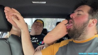 Chubby bear Nemo worships and licks friends feet and toes