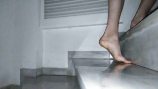 Pissing totally naked on public staircase