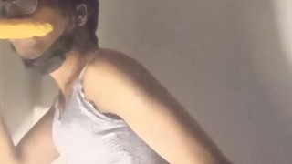 Queer black femboy sucks and rides dildo in bra and panties