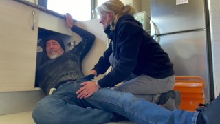 HOT WIFE BLOWJOB TO THE PLUMBER IN MY KITCHEN