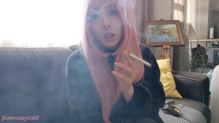 Beautiful Pink Hair Egirl Smoking in black pyjama (full vid on my ManyVids/0nlyfans)