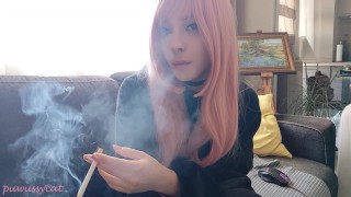 Beautiful Pink Hair Egirl Smoking in black pyjama (full vid on my ManyVids/0nlyfans)