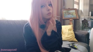 Beautiful Pink Hair Egirl Smoking in black pyjama (full vid on my ManyVids/0nlyfans)