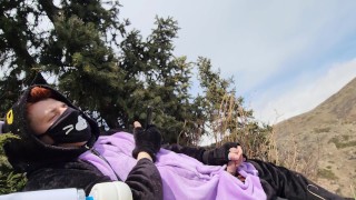 Catboy moans in the mountains and masturbates