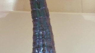 Asian guy moans while riding massive 12" dragon dildo