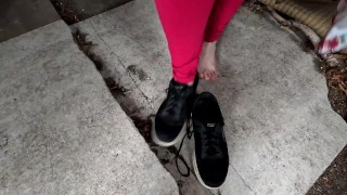 Naked pussy spanking on veranda