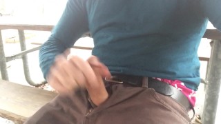 Jerking off at the public pavilion. Showing my American Eagle boxers too