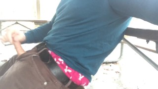 Jerking off at the public pavilion. Showing my American Eagle boxers too