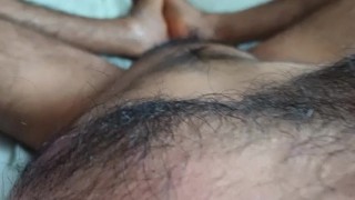 Homeless guy jacking off his veiny, hairy cock and cuming all over his feet