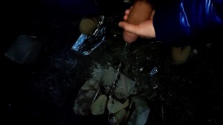 Piss with erection and cum on food into firepit outdoor
