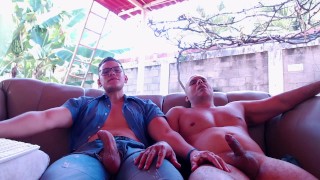 jerkin of our cocks till cums a big load in the backyard