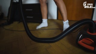 Hoovering her own sexy feet and socks (foot teasing, bare feet, POV feet, foot goddess, sexy feet)