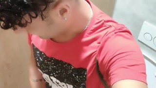 Jerk off at the toilet with door open - almost caught right through orgasm