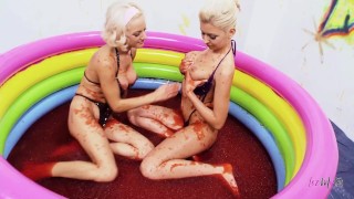 Jello wrestling and passionate fingering with two busty playful blondes