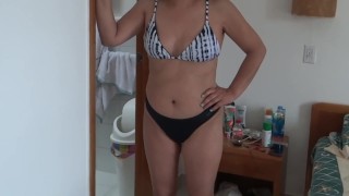 I wear a bikini to go to the beach while stepson films me and masturbates