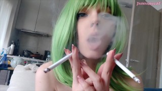 Cute Green Hair Egirl smoking 2 cigarettes at the same time (full vid on my 0nlyfans/ManyVids)