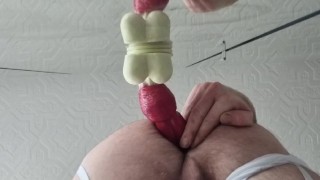 Riding a knotted fantasy dildo dressed in lingerie 3 alternative views