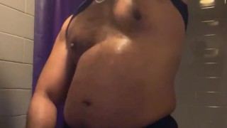 Chunky muscle gainer gym slut cumming in locker room showers, gooning and pumping nipples