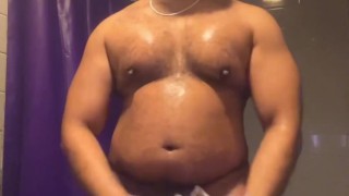 Chunky muscle gainer gym slut cumming in locker room showers, gooning and pumping nipples