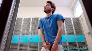 Risky locker room public jerking off and cum