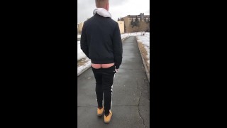 The boy, saying goodbye to the winter, decided to masturbate on the street