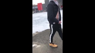 The boy, saying goodbye to the winter, decided to masturbate on the street