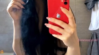 Cute Brunette Smoking Naked in the mirror (full vid on my 0nlyfans/ManyVids)
