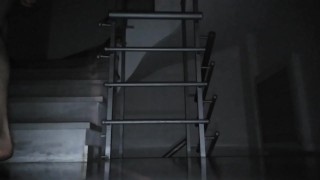Playing naked with piss and cum on public staircase