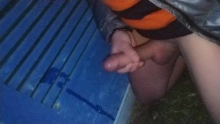 Risky public evening masturbation and cumshot at building