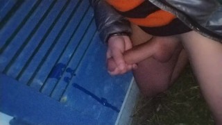 Risky public evening masturbation and cumshot at building