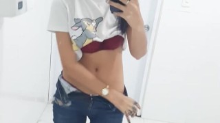 skinny girl does pack in public bathroom