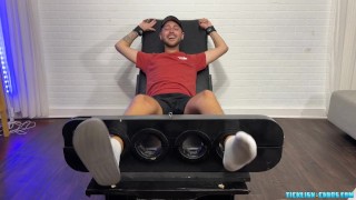 Hunk Matt Dimitri endures tickles cock strokes while tied up