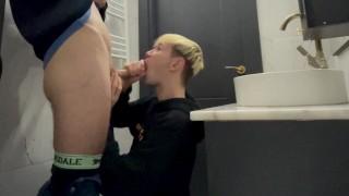 Two guys fuck and kiss in a public toilet in a cafe