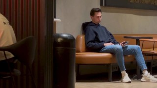 Two guys fuck and kiss in a public toilet in a cafe