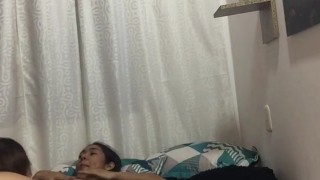 licking the pussy of a beautiful brunette and fucking with scissors in my room