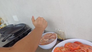 preparing a delicious lunch and then eating dessetr