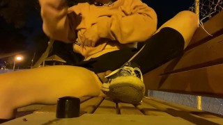 Femboy masturbates his ass in public and pisses all over himself